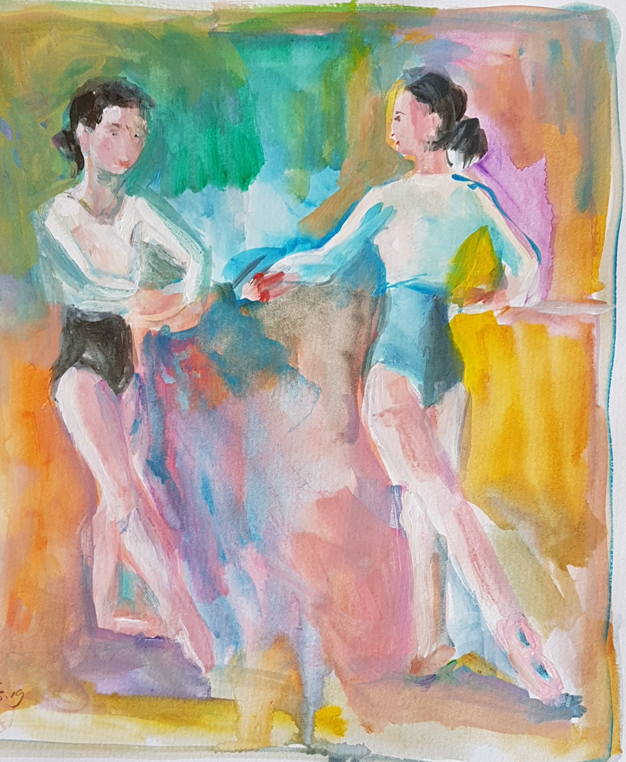 two girls facing each other, practicing ballet wearing white tops over black leotards infront of a colourful background