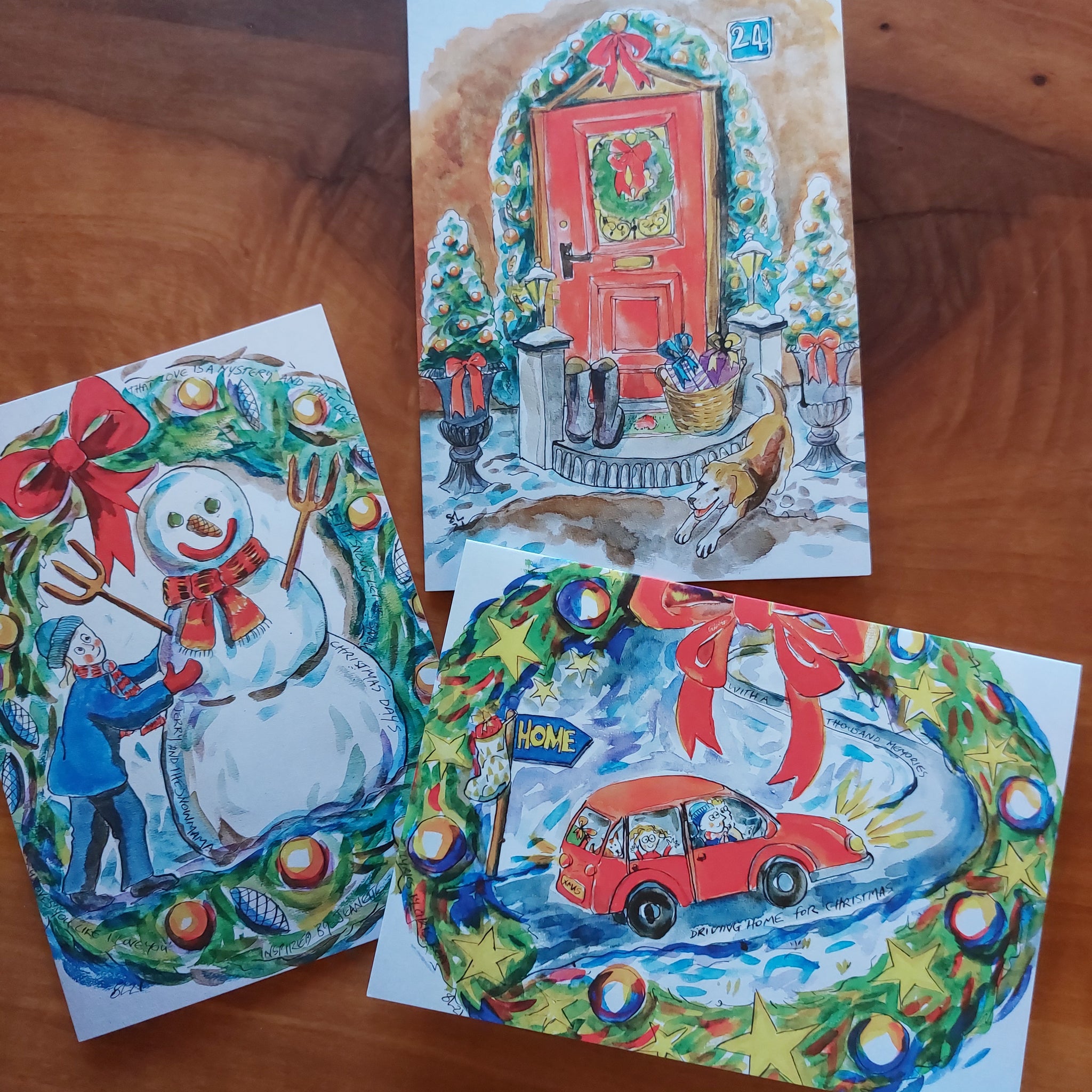 Christmas cards, set of 3: Snowman, Welcome and Home