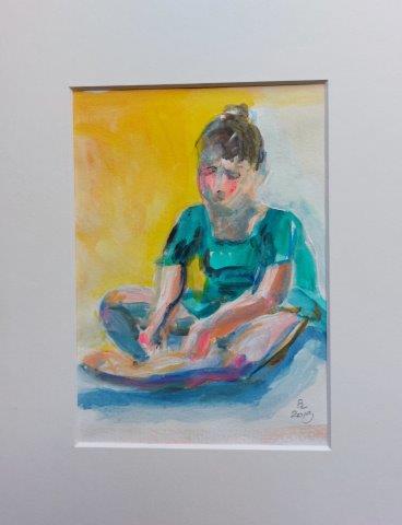 Girl seated with turquoise leotard